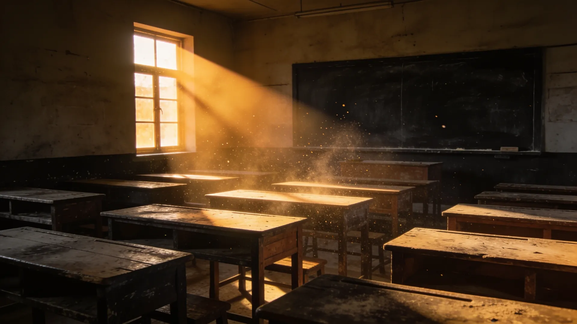 Sala de aula antiga e vazia, iluminada por um feixe de luz