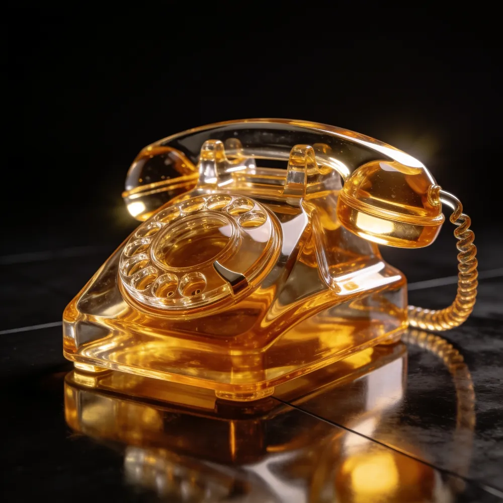 Telefone antigo esculpido em vidro dourado